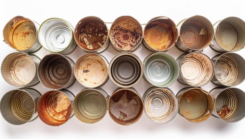 Symbol photo, many empty tin cans, partly crushed, rusty, dirty, on a white background, AI