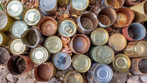 Symbol photo, many empty tin cans, partly crushed, rusty, dirty, lying in the landscape, AI