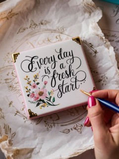 Handcrafted calligraphy piece with the motivational quote 'Every day is a fresh start' and floral
