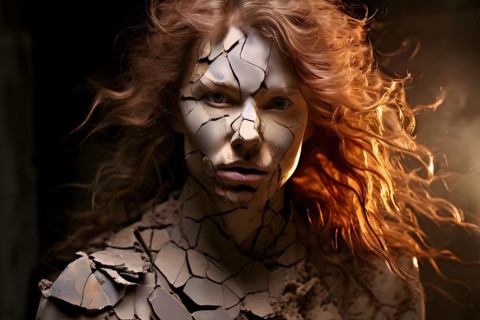 AI generated moody female portrait with cracked terracotta style high textures