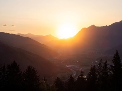 Sunset over the Liesingtal, in the evening light the village of Traboch, Schoberpass federal road,