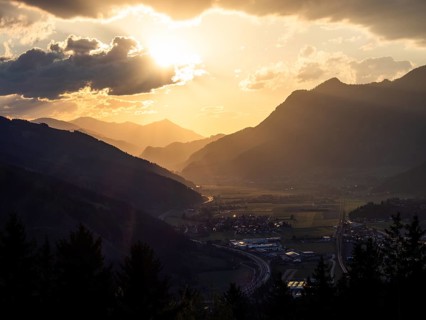 Sunset over the Liesingtal, in the evening light the village of Traboch, Schoberpass federal road,
