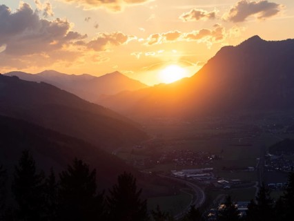 Sunset over the Liesingtal, in the evening light the village of Traboch, Schoberpass federal road,
