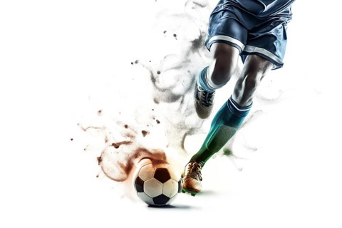 A soccer player dribbles and kicks a ball on a field double exposure style, AI generated