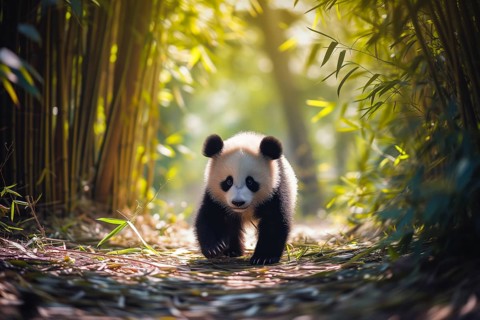 Cute panda cub in a lush bamboo grove, The image showcases the beauty and serenity of nature and