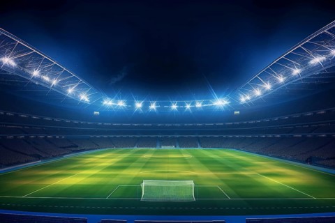 A soccer field with a large crowd of people spectators fans watching the game in evening. The