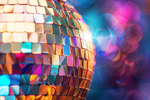 A disco ball is suspended from the ceiling at party in nightclub, reflecting the lights and