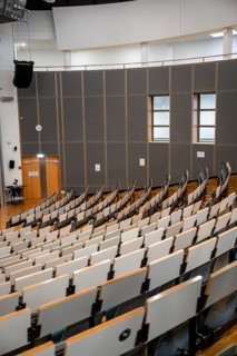 Rows of seats in an empty lecture theatre, interior photo, Department of Mechanical Engineering,