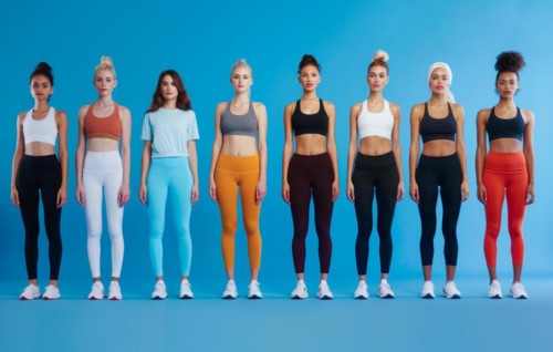 A group of slim attractive athletic women are standing in a row wearing different sportswear, AI