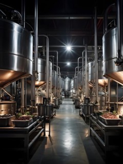 AI generated modern winery production line with stainless steel fermenting tanks