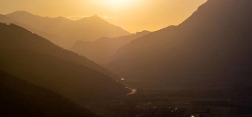 Evening light at sunset over the Liesingtal, in the evening light the village of Traboch,
