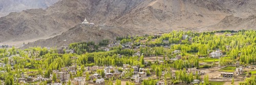 Panorama over Leh, behind it the Shanti Stupa, Ladakh, Jammu and Kashmir, India, Asia