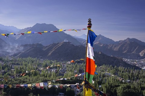Panorama over Leh and the Namgyal Tsemo Gompa monastery on Tsenmo Hill, a viewpoint over Leh,