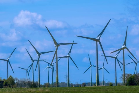 Wind turbines in the Luetetsburg wind farm on the North Sea coast, Hagermarsch, East Frisia, Lower