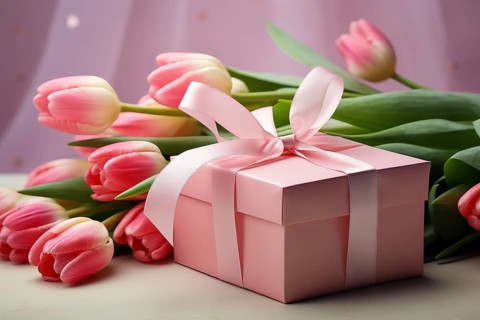 Gift Box with Pink Ribbon Beside bouquet of Fresh Tulips on Bokeh Background. Good for Valentine