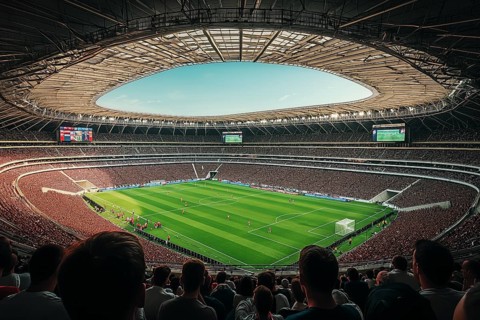A soccer field with a large crowd of people spectators fans watching the game view. The stadium is