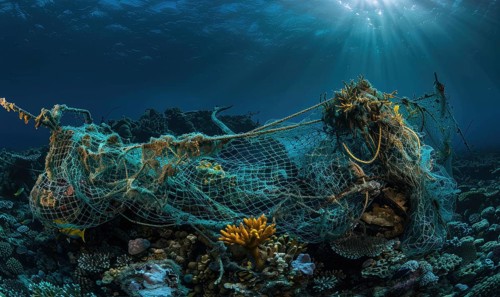 Abandoned fishing nets entangled on a coral reef, underwater background AI generated