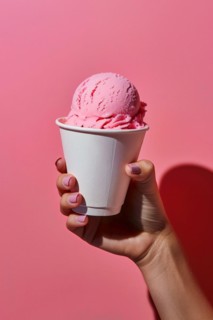 Hand holding pink ice cream in cup. KI generiert, generiert, AI generated