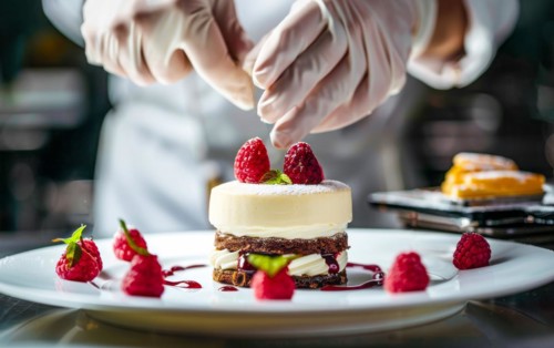 Chef is decorating a dessert with berries and other delicious additions of sweets and whipped