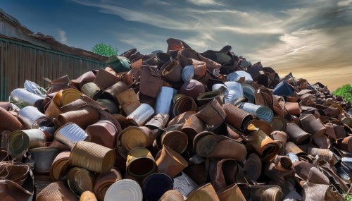 Symbol photo, waste, a large quantity of empty open rusted tinplate cans on a heap, AI generated,