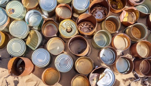 Symbol photo, many empty tin cans, partly crushed, rusty, dirty, lying on the beach, waste, AI