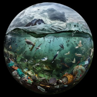 Plastic pollution in the ocean, depicted in a sphere under water, environmental pollution,