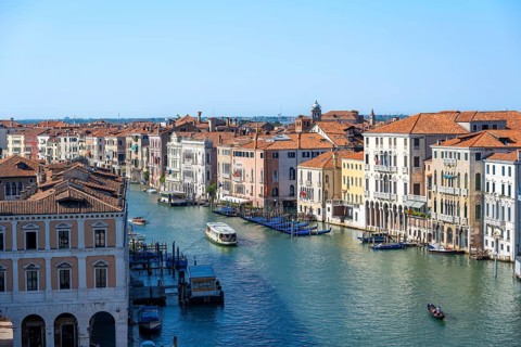 View from the roof of the Fondaco dei Tedeschi, boats on the Grand Canal, Venice, Veneto, Italy,