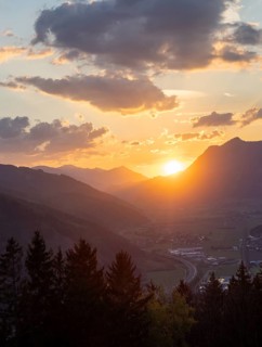 Sunset over the Liesingtal, in the evening light the village Kraubath, Schoberpass federal road,