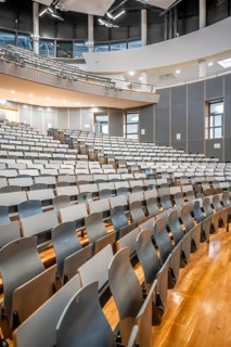 Rows of seats in an empty lecture theatre, interior photo, Department of Mechanical Engineering,