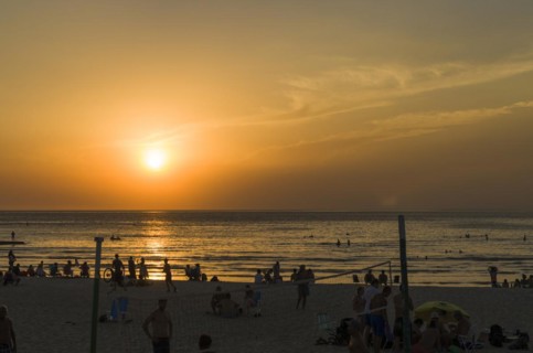 Montevideo, Uruguay, 11th January 2022, Beautiful sunset on Ramires beach with bathers on a summer