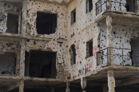 Beqaa, Lebanon, April 04, 2017: Marks of War, Lebanese house machine-gunned, bombed, destroyed by