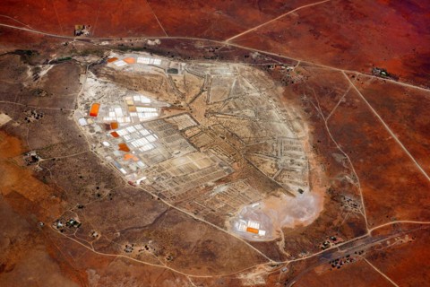 Aerial view, salt extraction, salt, salt garden, salt works, Karoo, North Cape, South Africa,