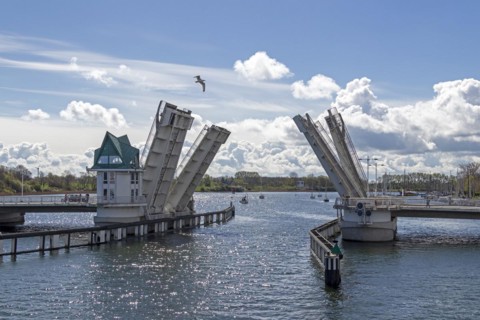 Bascule bridge is opened, Kappeln, Schlei, Schleswig-Holstein, Germany, Europe