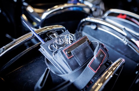 Hair scissors in a hairdresser's belt bag, taken in the hairdressing salon Coiffeur Sivan in