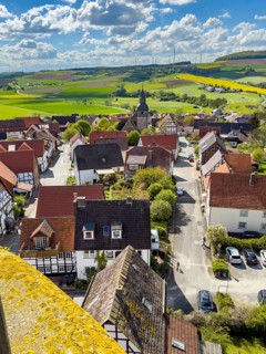View from castle tower Tower of 13th century castle, today Burghotel Trendelburg, Trendelburg,