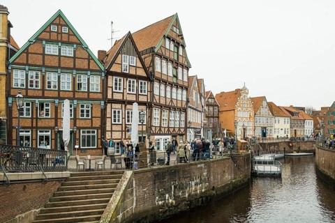 Half-timbered houses and restaurants in the old town, Buxtehude, Altes Land, Lower Saxony, Germany,