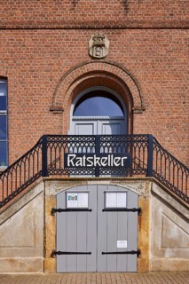 Entrance to the Ratskeller restaurant in the Old Town Hall in Husum, North Friesland district,