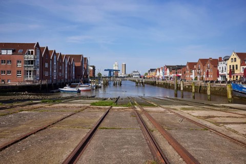 Slipway of the old shipyard in the harbour of Husum, district of Nordfriesland, Schleswig-Holstein,