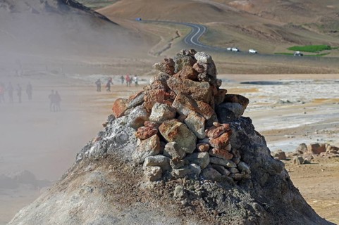 Steaming fumarole in the geothermal field in Namafjall, Myvatn, Iceland, Europe