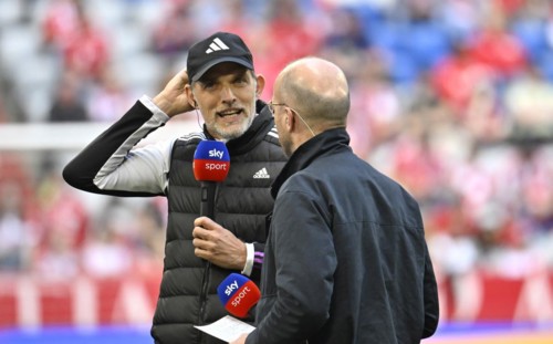 Coach Thomas Tuchel FC Bayern Munich FCB in an interview, microphone, mike, logo, with SKY