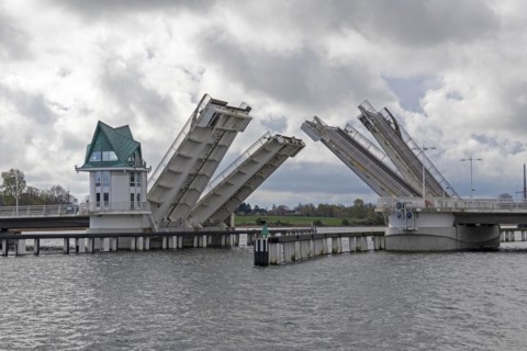 Bascule bridge is opened, Kappeln, Schlei, Schleswig-Holstein, Germany, Europe
