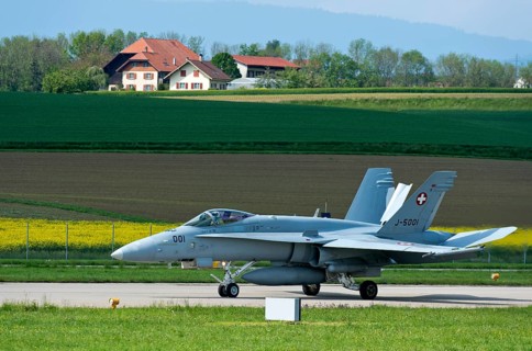 FA 18C Hornet multi-role fighter aircraft of the Swiss Air Force with air brake deployed during