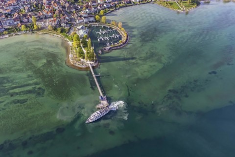Marina, landing stage with excursion boat SCHWABEN of the White Fleet, aerial view in spring,