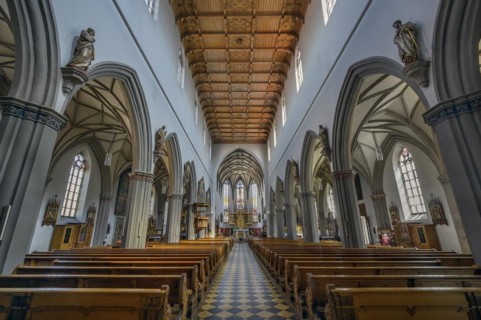 Nave with coffered ceiling, St Martin's Church, Kaufbeuern, Allgaeu, Swabia, Bavaria, Germany,