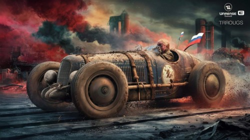 Dynamic image of a classic race car speeding along with vibrant, multicolored smoke in the