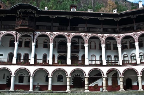 Arched outer corridors, monastery of Saint John of Rila, Rila, Bulgaria.The monastery is the most