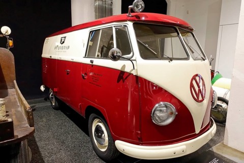 Side view of a classic red and white Volkswagen T1 Transporter, AUTOMUSEUM PROTOTYP, Hamburg,