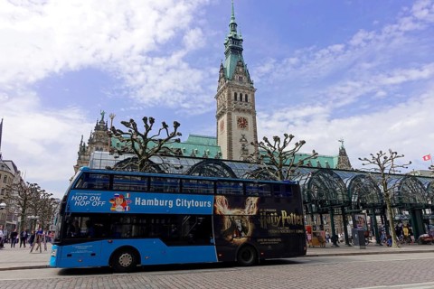 Hamburg City Hall and City Hall Market, Hamburg, Germany, Europe, Tourist bus driving in front of