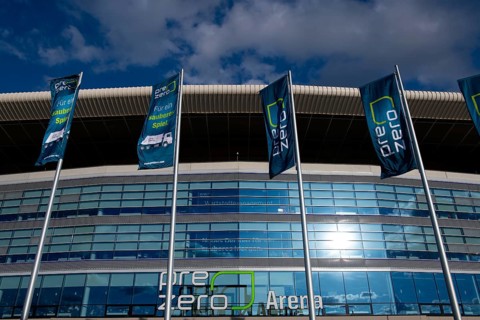 Exterior view, front, glass facade, logo, flags, PreZero Arena, Sinsheim, Baden-Wuerttemberg,