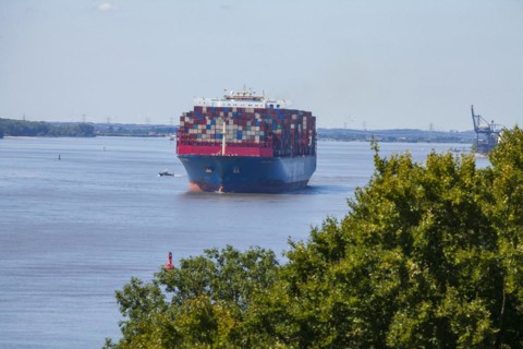 Cosco container ship on the Elbe, Blankenese district, Hamburg, Germany, Europe